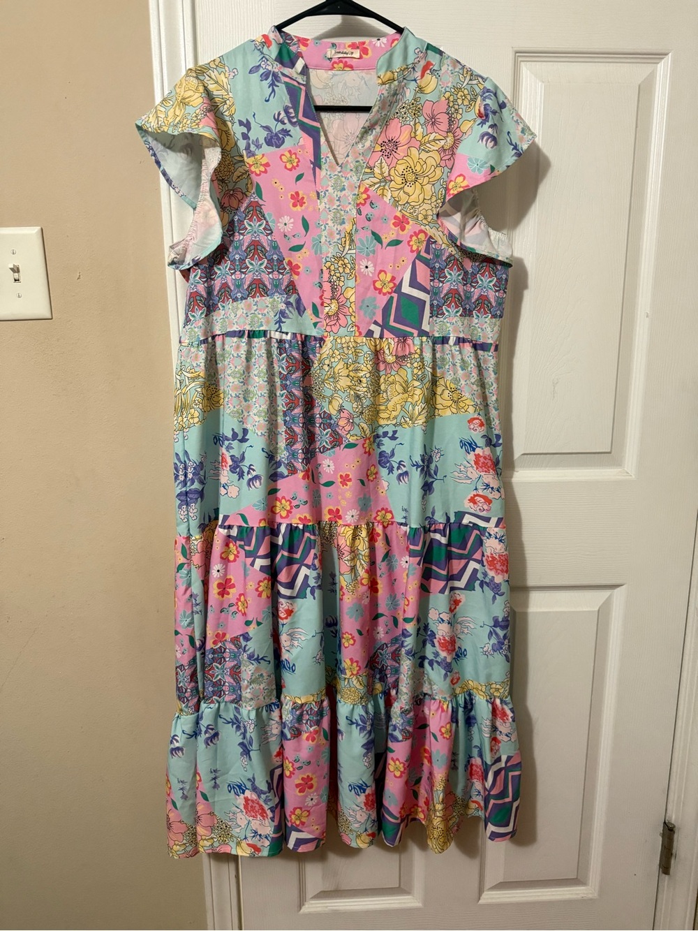 Sunday Patchwork Floral Midi Dress in Pink & Light Blue